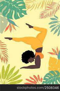 Vector illustration with happy african an oversized woman in yoga position on tropical exotic background. Sports and health body positive concept for postcard, yoga classes t-shirt active lifestyle