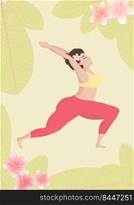 Vector illustration with happy asian an oversized woman in yoga position on tropical exotic background. Sports and health body positive concept for postcard, yoga classes t-shirt active lifestyle