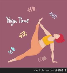 Vector illustration with happy asian an oversized woman in yoga position. Yoga time. Sports and health body positive concept for postcard, yoga classes t-shirt active healthy lifestyle