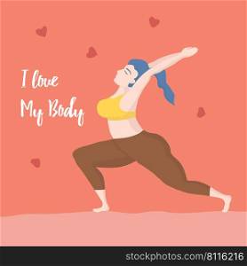Vector illustration with happy european an oversized woman with blue hair in yoga position. I love my body. Sports and health body positive concept for postcard, yoga classes t-shirt active lifestyle