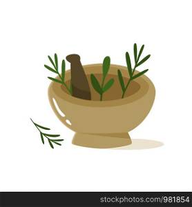 Vector illustration with herbs, leaves, pounder and pestle. Vector illustration with herbs, pounder and pestle