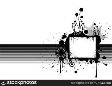 Vector illustration with high path count of a grunge dirty background with a central copy space blank area (notice board). Isolated black on white.