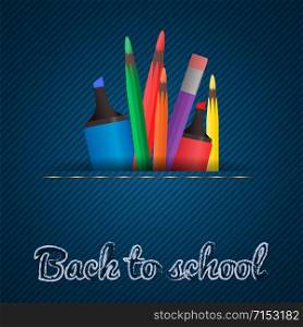 Vector illustration with jeans background, markers and colored pencils for your creativity. Back to school
