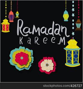 Vector illustration with Lamp on dark background for Ramadan Kareem. Hanging illuminated lamp with phrase Ramadan Kareem. Colorful flowers.. Colorful decor with note Ramadan Kareem.