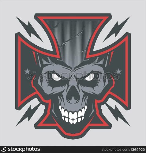 Vector illustration with Maltese cross with a skull. Biker symbol. Motorcycle club T shirt graphics concept.