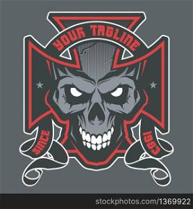 Vector illustration with Maltese cross with a skull. Biker symbol. Motorcycle club T shirt graphics concept.