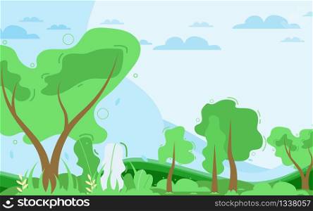 Vector Illustration with Natural Scenic View. Cartoon Forest or Wild Park Vegetation Landscape. Ecological Lifestyle Banner. Cover with Green Trees, Bushes, Grass, Hills and blue Sky. Rural Location. Vector Illustration with Flat Natural Scenic View