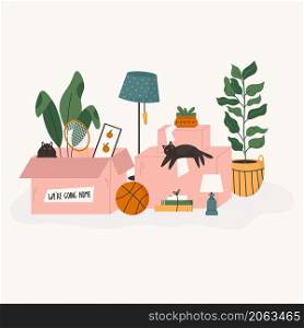 Vector illustration with packed cardboard boxes, homeplants, toys and other belongings.