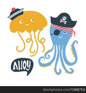 Vector illustration with pirate word Ahoy lettering and sea animals with pirate&rsquo;s hat, cap, scull and bones. Kids logo emblem. Textile fabric print for tshirt, clothing stationery. Vector illustration with pirate word Ahoy lettering and sea animals with pirate s hat, cap, scull and bones. Kids logo emblem. Textile fabric print for tshirt, clothing stationery.