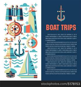 Vector illustration with place for text. Sea Yacht club. Paintings on the theme of sea travel. Binoculars, ship s wheel, lighthouse, compass, anchor.