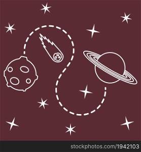Vector illustration with planets, meteorite, stars. Space exploration. Astronomy. Science background. Design for astronomy apps, websites, print.
