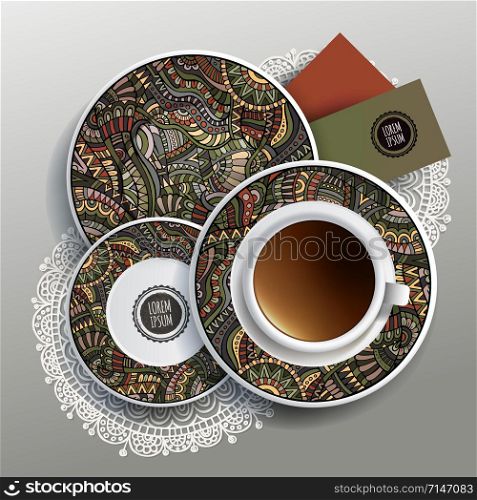 Vector illustration with plates and cup of coffee with ethnic ornaments. Vector illustration with plates and cup of coffee