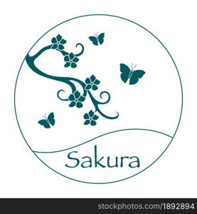 Vector illustration with sakura branch and butterflies. Japan traditional design elements. Branch of cherry blossoms. Travel and leisure.