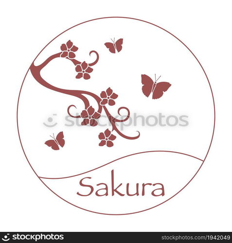 Vector illustration with sakura branch and butterflies. Japan traditional design elements. Branch of cherry blossoms. Travel and leisure.