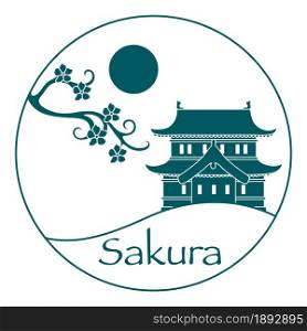 Vector illustration with sakura branch and old japanese castle. Japan traditional design elements. Branches of cherry blossoms. Travel and leisure.