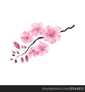 Vector illustration with sakura branch drawn in realistic style. Delicate petals of blooming cherry. Decorating Japanese spring holiday background postcards postcards and banners.