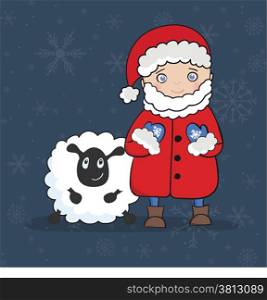 Vector illustration with Santa Claus and white Sheep greeting card. Christmas and New year 2015 holiday background.