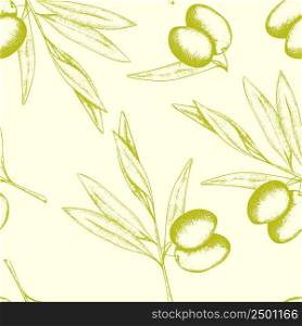 Vector illustration with seamless pattern of green olive branch on a light background. Label for olive oil producers, olive packaging design, wrapping and fabric print