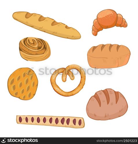 Vector illustration with set in hand-drawn style on the theme of baking and flour products. Rolls, bread, loaf, baguette, bagels, croissants, pie and other bakery products from a bakery or pastry shop