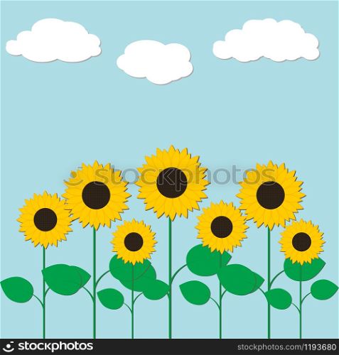 Vector illustration with sunflowers and clouds.. Vector illustration with sunflowers and clouds