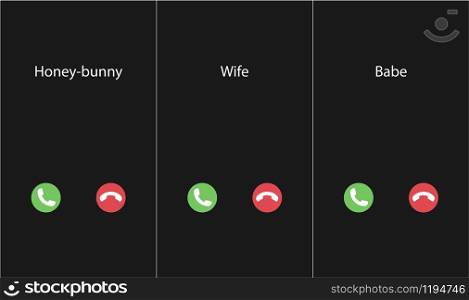 Vector illustration with the inscription: Babe, Wife, honey-bunny caller. Phone interface with two icons accept or reject a call