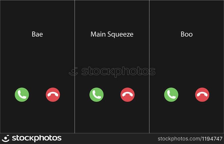 Vector illustration with the inscription: Boo, bae, main squeeze caller. Phone interface with two icons accept or reject a call