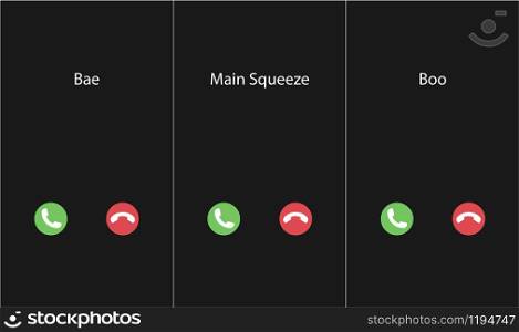 Vector illustration with the inscription: Boo, bae, main squeeze caller. Phone interface with two icons accept or reject a call
