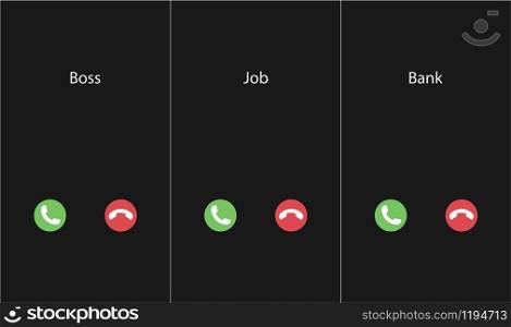 Vector illustration with the inscription: Boss, Job, Bank caller. Phone interface with two icons accept or reject a call