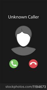 Vector illustration with the inscription: Unknown caller. Phone interface with two icons accept or reject a call