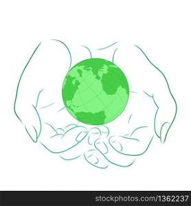 Vector illustration with the outline of female hands with planet Earth. Vector element for your design. Vector illustration with the outline of female hands with planet