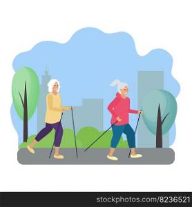 Vector illustration with two elderly women in a park outside the city engaged in sports Scandinavian at least with sticks. Active lifestyle, senior citizens go in for sports