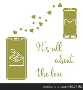 Vector illustration with two mobile phones, hearts and love correspondence. Love message. Happy Valentine&rsquo;s Day. Romantic background.