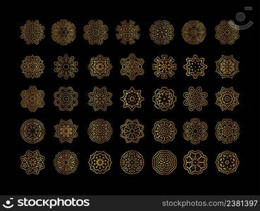 Vector illustration with vintage gold ornament. Golden vintage round patterns on black.. Gold mandala set