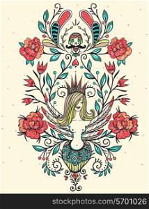 vector illustration with vintage roses, skulls and the mythology bird Sirin