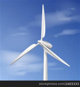 Vector illustration with wind turbine over blue cloudy sky. Single wind turbine