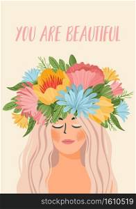 Vector illustration with woman in flower wreath. International Women s Day concept for card, poster, flyer and other users. Vector illustration with woman in flower wreath. International Women s Day concept for card, poster, flyer and other