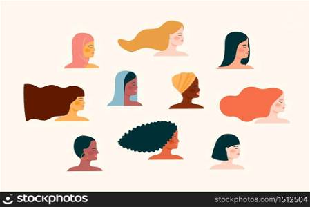 Vector illustration with women different nationalities and cultures. Struggle for freedom, independence, equality.. Vector illustration with women different nationalities and cultures.