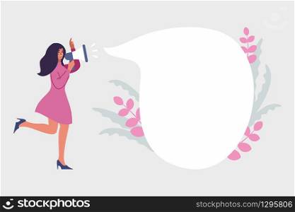 Vector illustration woman with megaphone promoting sale on clear background. International womens day, 8 march. Free place for text for Landing Page. Vector illustration woman with megaphone promoting sale