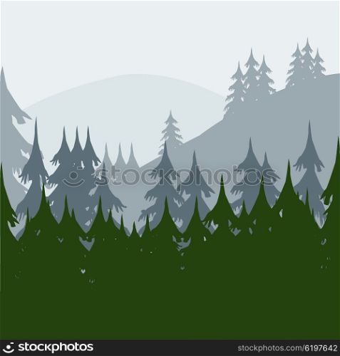 Vector illustration wood and mountains in the morning. Morning in wood