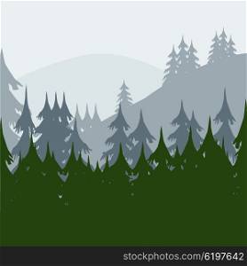 Vector illustration wood and mountains in the morning. Morning in wood