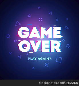 Vector Illustration word Game Over - Play Again in cyber noise glitch design. For games, banner, web pages. Three color half-shifted letters effect.