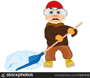 Vector illustration worker in winter taking away snow by shovel. Man takes away snow on white background is insulated