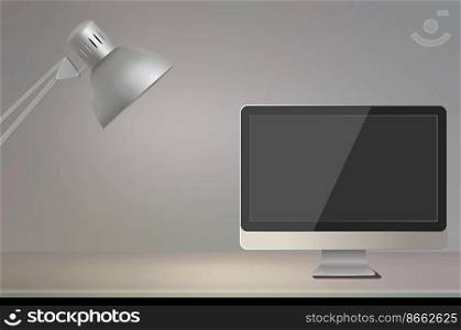 Vector Illustration. Workplace in the office, computer monitor, lamp, template, business concept