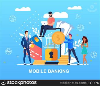 Vector Illustration Written Mobile Banking Flat. Men and Women Use an Online Banking Application in Electronic Devices. People Enjoy Simplicity and Accessibility Banking Application.