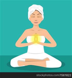 Vector illustration. Yoga woman in lotus pose. Meditating girl.