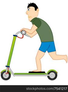 Vector illustration young men riding on scooter. Man on scooter on white background is insulated