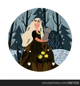vector illustration. Young woman in forest. Round background. Winter and spring. Postcard. vector illustration. Young woman in forest. Round background. Winter and spring.