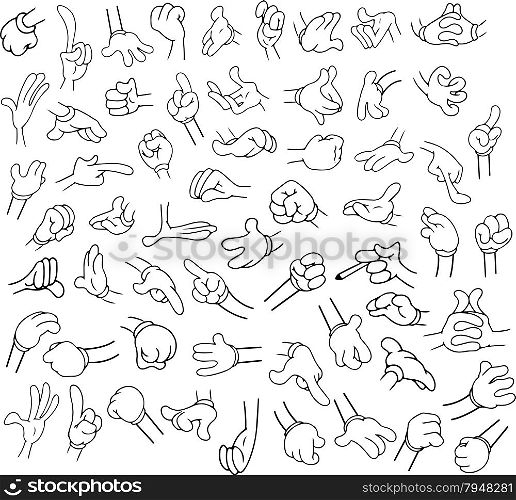 Vector illustrations lineart pack of cartoon hands in various gestures.