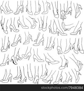 Vector illustrations lineart pack of woman feet wearing red high heel in various gestures.