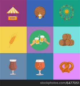 Vector Illustrations Octoberfest. Beer and Food. Vector illustrations concerning oktoberfest. Images of beer barrels, pints of beer, ears of wheat, attractions and food courts on colorful background.
